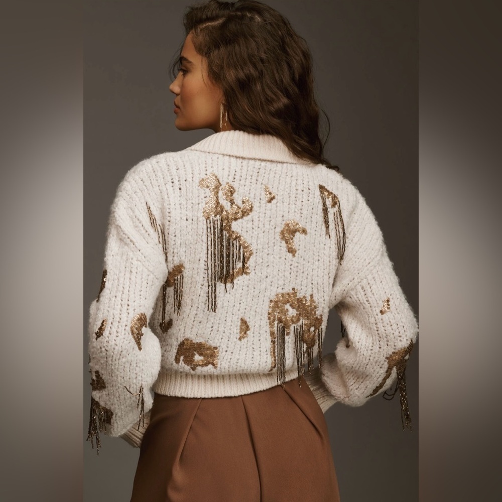RARE ANTHROPOLOGIE NWT Sequin Cropped Cardigan Sweaterin Neutral-Size XS - Picture 3 of 13